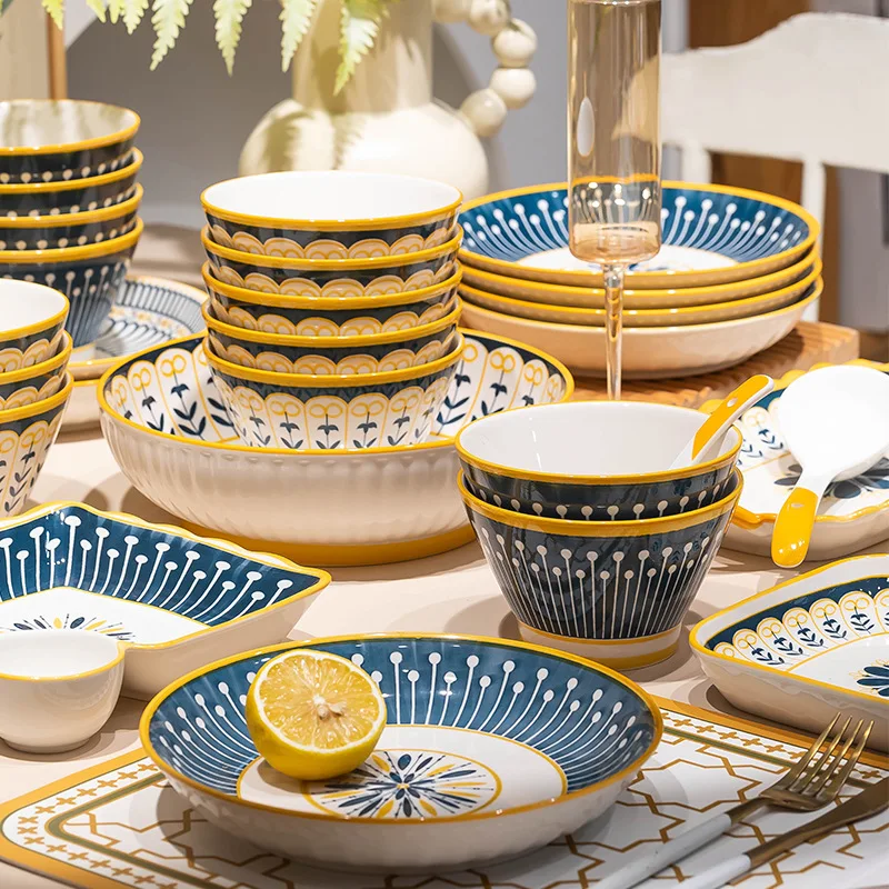 Fashion leaves ripple dish set home Japanese simple ceramic plate bowl bowl chopsticks large rice