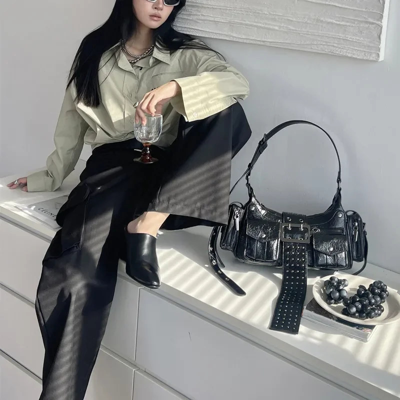 Punk Multi-Zipper Tassel Rivet Motorcycle Bag Fashion Hobos Women Shoulder Bags Y2K Half Moon Underarm Bag Trend Handbags 2024