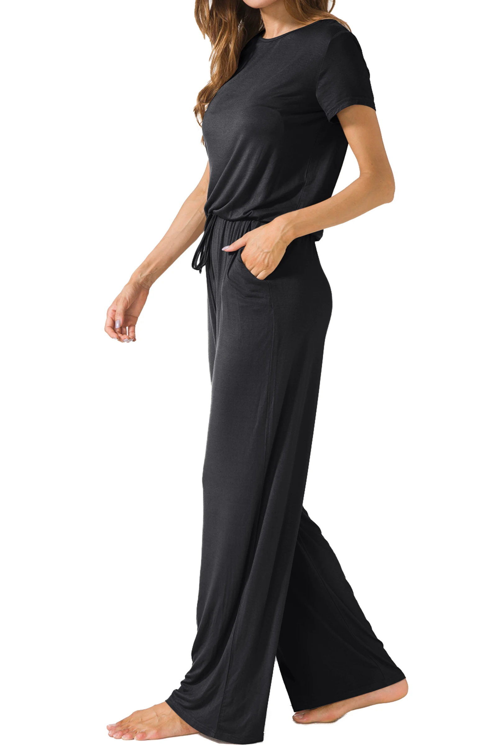 LEVACA Womens Drawstring Solid Round Neck Loose Wide Legs Casual Summer Jumpsuits
