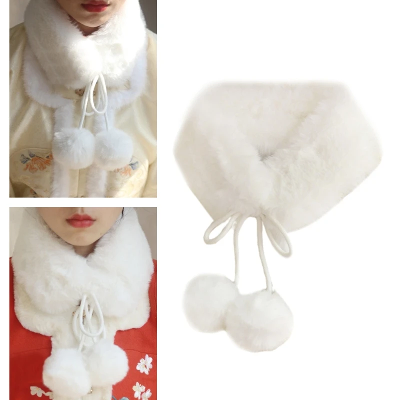 

Women Scarf Hanfu Tie Closure Warm Collar Furry Neck Warmer Neckerchief Short Autumn Winter Neck Scarf