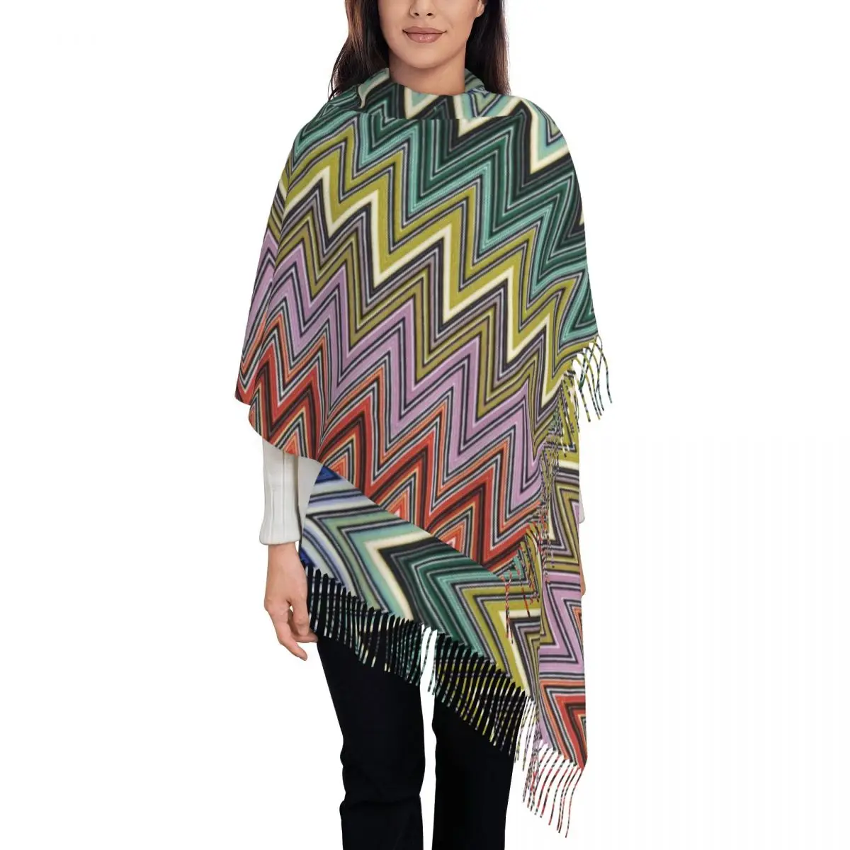 

Fashion Boho Home Zig Zag Tassel Scarf Women Winter Warm Shawls Wraps Ladies Chic Abstract Geometric Zigzag Scarves