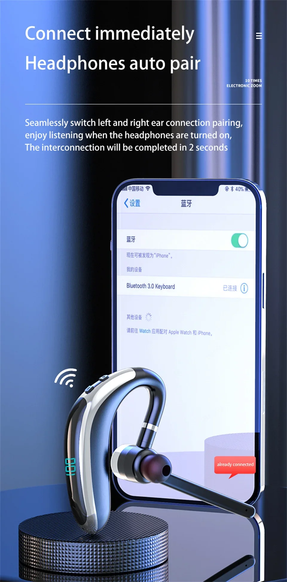 Wireless Headphones Single Ear Bluetooth Earphone With Microphon Noise Cancelling Talking Headset Busines Auriculares Driving