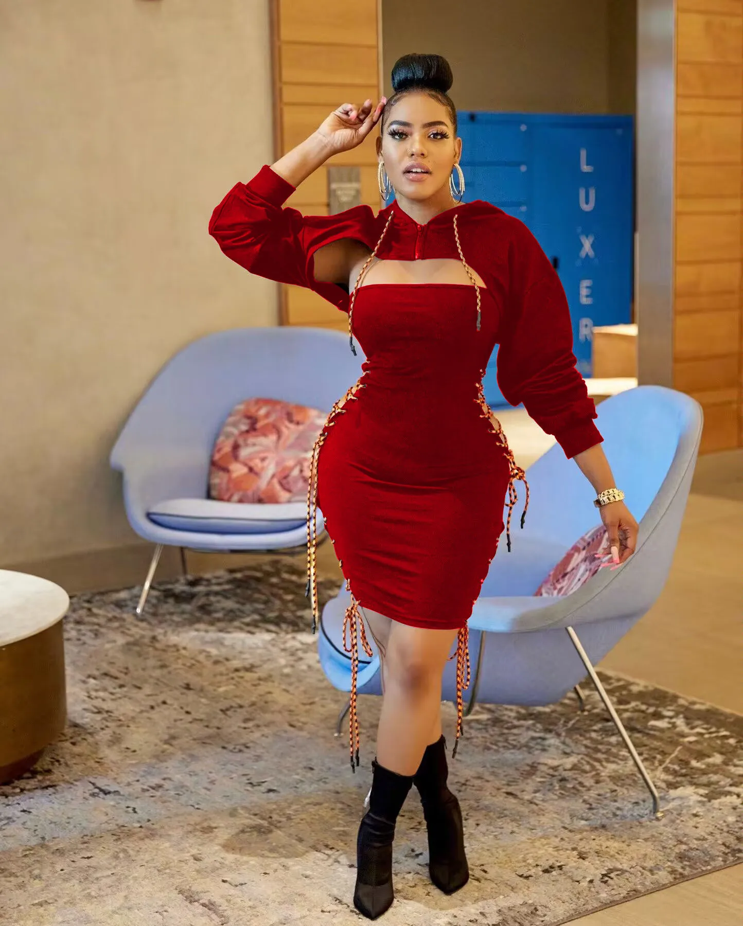 

Elegant Party Lady Dress Sets Hooded Short Cape Suit Fall Winter Sexy Wrap Chest Drawstring Mini Dresses Two Piece Set for Women