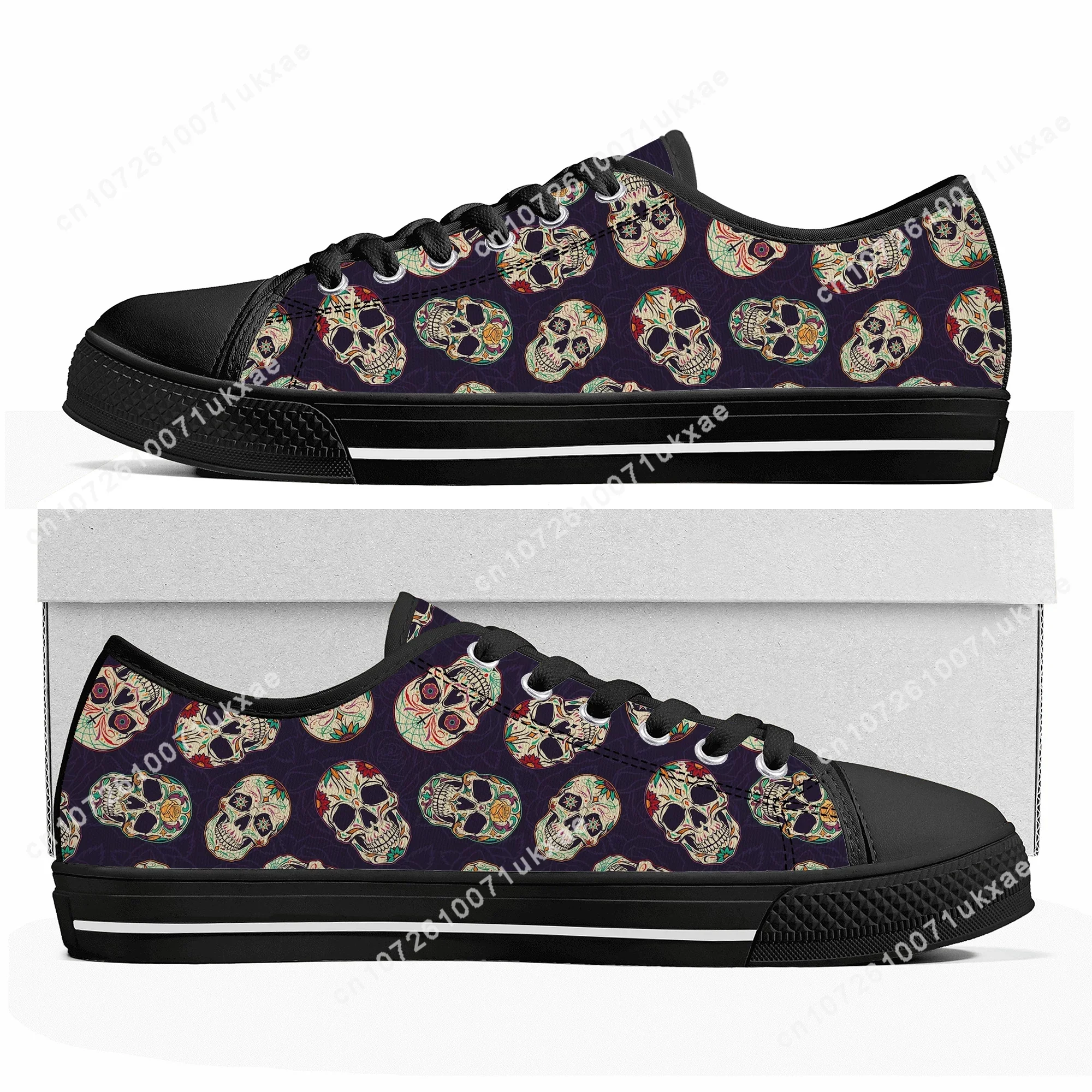 Retro Sugar Skull Floral Printed Low Top Sneakers Mens Womens Teenager Canvas Sneaker Casual Custom Made Shoes Customize Shoe