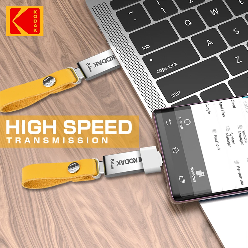 USB Flash Drive Type C Pendrive KODAK USB 2.0 Flash Drive 32GB 64GB 128GB Pendrive Waterproof Memory Stick Leather Landyard Metal U Disk + Type-c Reader