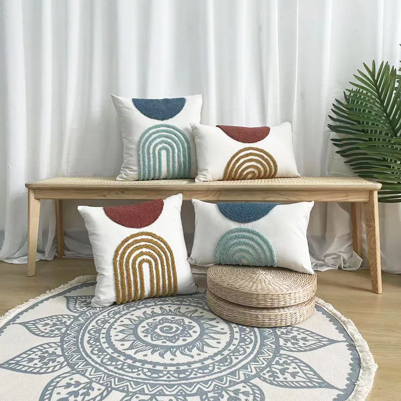 

New Simple Modern Geometry Loop Tufted Pillow Cover Cotton Canvas Half Circle Embroidery Decorative Cushion Covers for Sofa