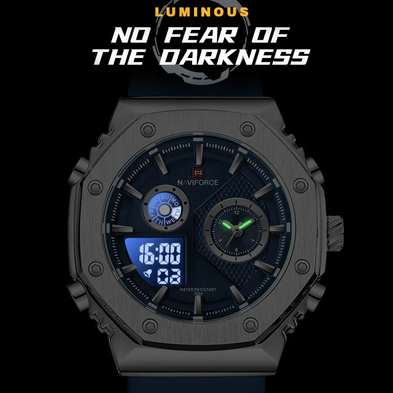 NAVIFORCE 남성용 캐주얼 스포츠 시계, 디지털 알람 남자 시계, 내구성 실리콘 방수 야광 석영 손목시계, 2023