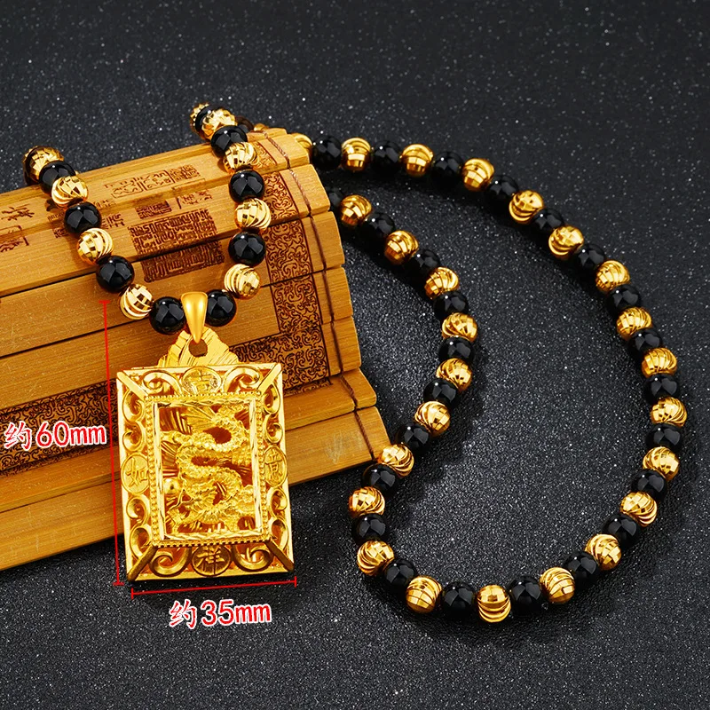 Gold Plated 14k Original Hollow Dragon Square Hanging Pendant Necklace for Men Father Bro Chain Necklaces Lucky Jewelry Gifts