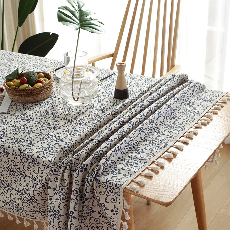 

New Chinese Retro Blue And White Porcelain Cotton And Linen Rectangular Table Tablecloth Tassel Table Mat Tea Table Tablecloth