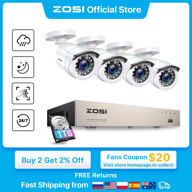 ZOSI 1080P 8CH H.265+ DVR Enregistreur avec 1TB Disque Dur et