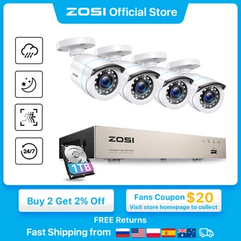 ZOSI 홈 보안 시스템 H.265 + 8CH DVR 4/8pcs 2.0MP 1080p 나이트 비전 야외 감시 방수 카메라 키트