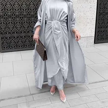 

3 Piece Matching Set Women Satin Muslim Sets Dubai Arabic Modest Outfit Plain Kimono Open Abaya Dress Wrap Front Skirt Long Eid