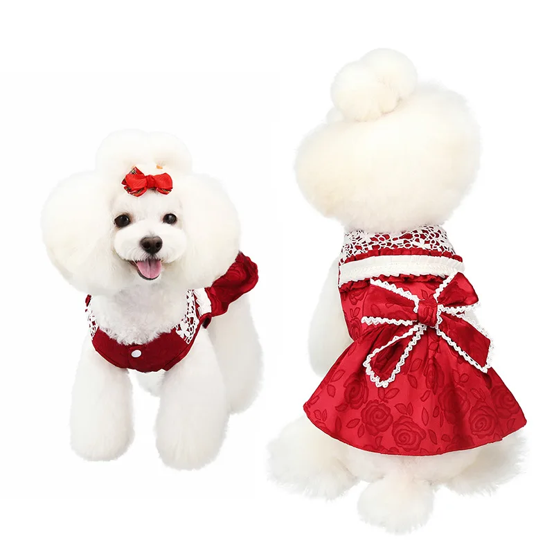 New pet dress, exquisite jacquard dog bride dress, cat dress lace mesh, big bow dog stylish, small and easy to carry, eas
