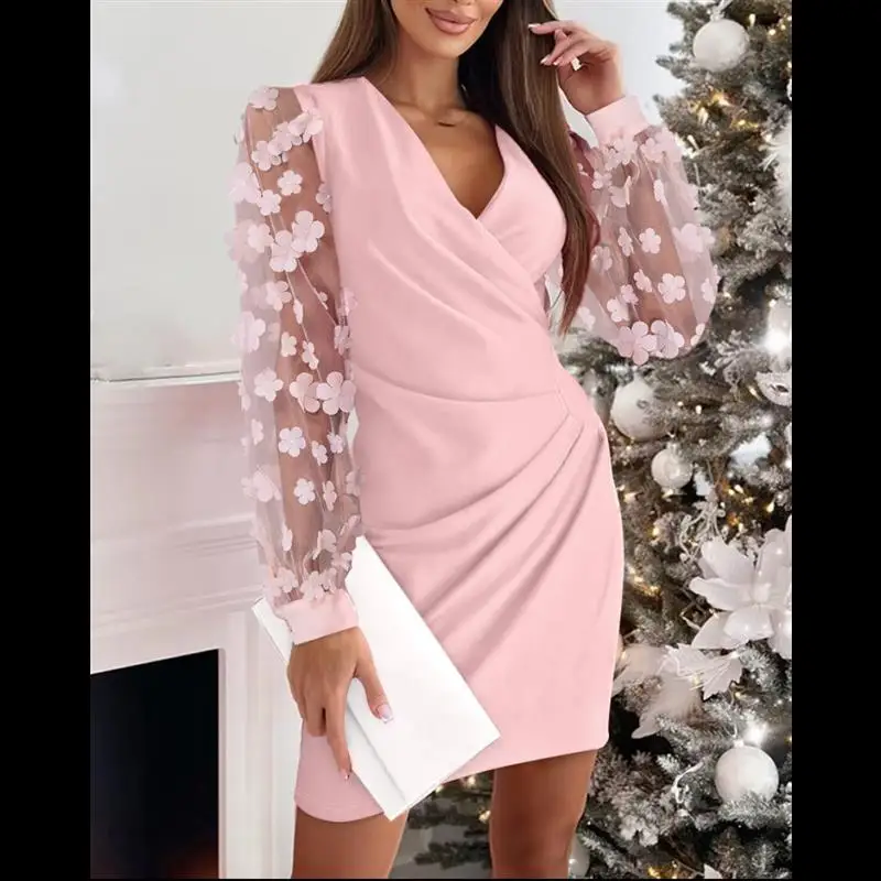 

Langmao Elegant Mesh Patchwork Party Dress Women Solid Pleated Beaded Ruched Evening Wedding Mini Dress Women -------- Women