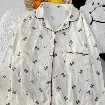 خريف جديد الحب القوس طباعة المرأة منامة طويلة الأكمام مجموعة 2 قطعة الحلو لطيف التلبيب ملابس خاصة زر أسفل المرأة منامة ملابس النوم 3