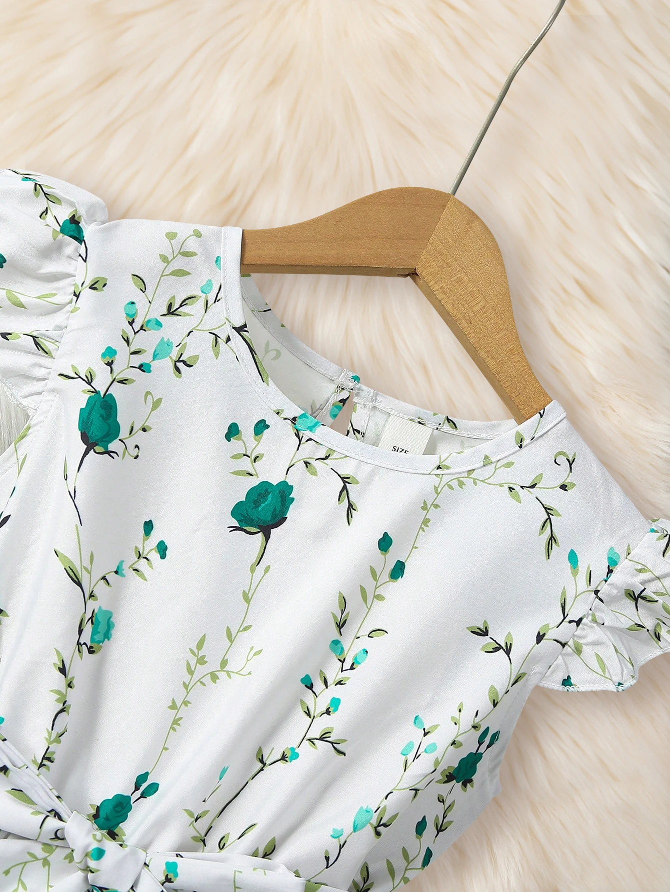 Girls Dress Summer Green Flower Belt Lotus Sleeves Fashion Children's Clothing 4-7Y