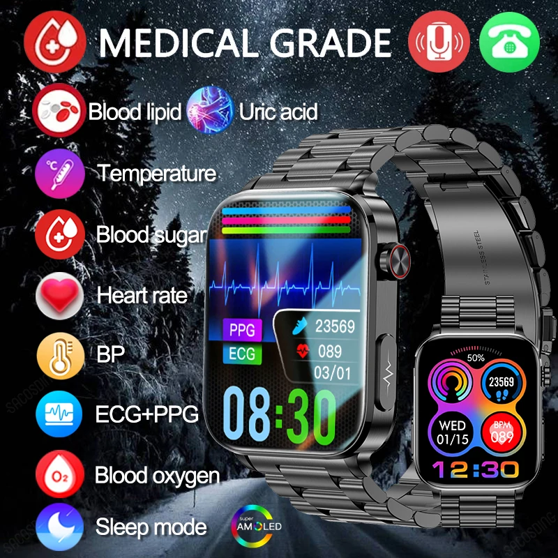 

Blood Lipid Uric Acid Blood Glucose Smart Watch Men ECG+PPG Blood Pressure Temperature Monitoring Bluetooth Call Smartwatch 2023