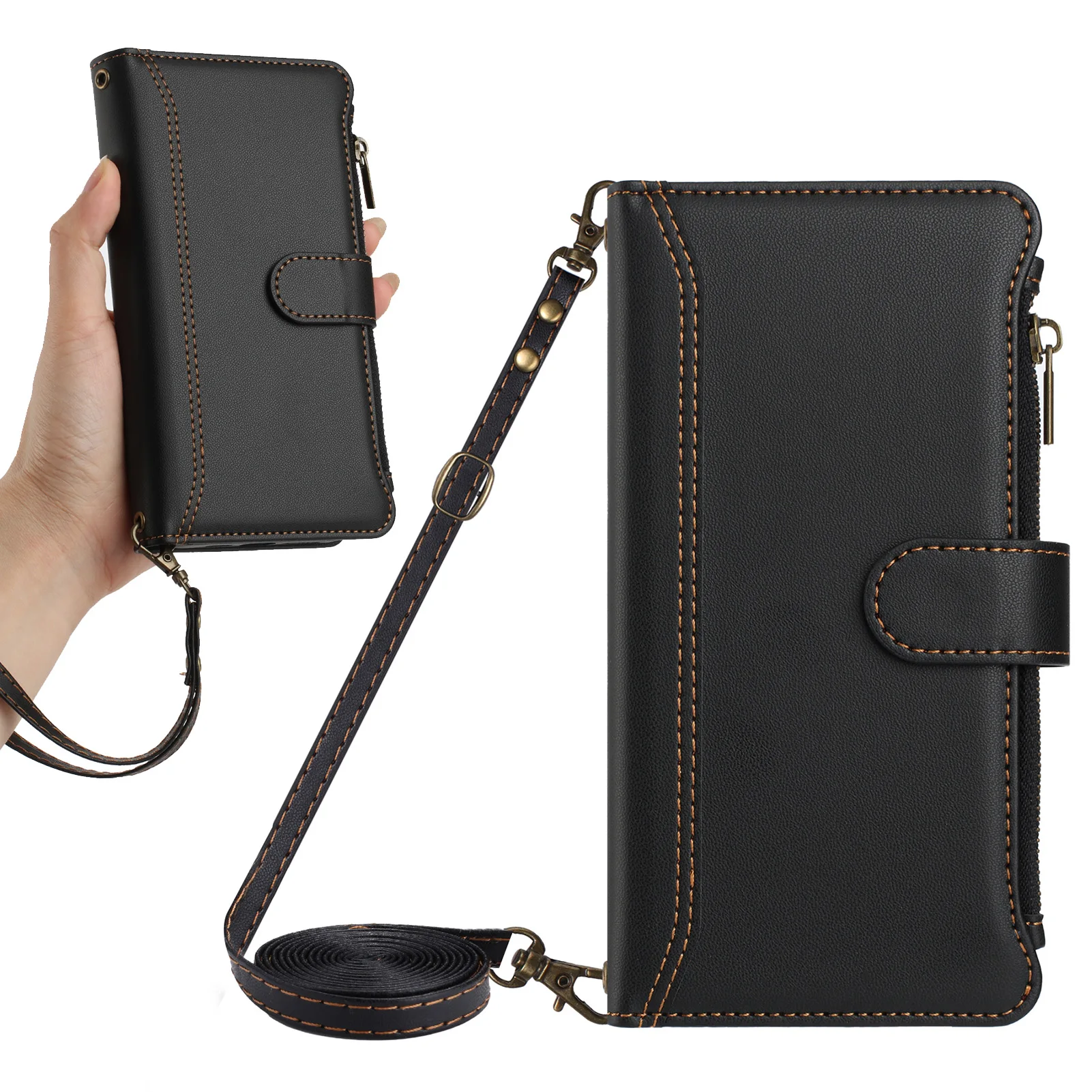 Multi-Card Leather Shoulder Wallet Case with Wireless Charging and Lanyard Flip Cover