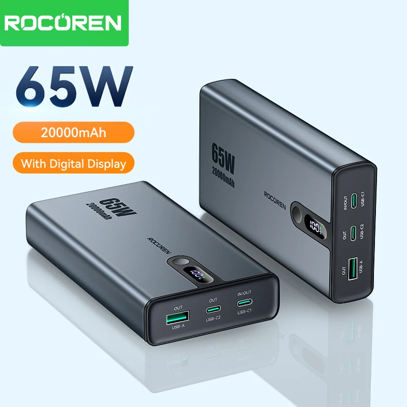 Rocoren 65W 20000mAh Power Bank Portable Fast Charger External Battery 20000 mAh Powerbank For iPhone 16 Pro Max Xiaomi MacBook Best Sellers In Phones Accessories