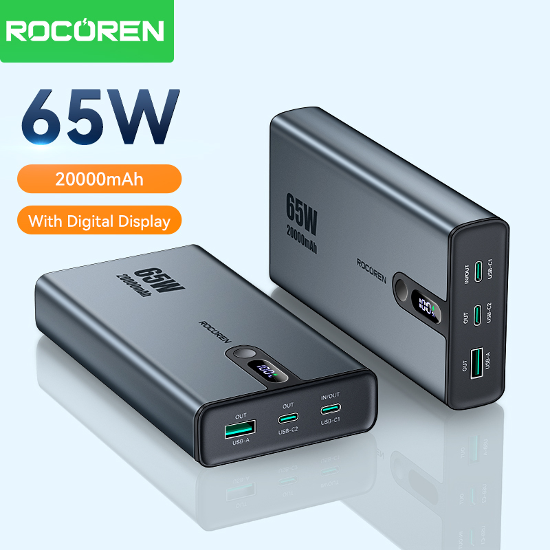 Rocoren 65W 20000mAh Power Bank Portable Fast Charger External Battery 20000 mAh Powerbank For iPhone 16 Pro Max Xiaomi MacBook