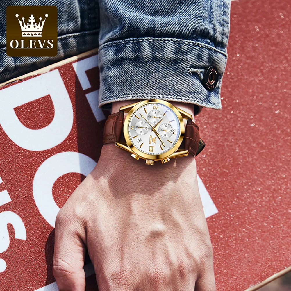 OLEVS Luxury Business Man Wristwatch Waterproof Luminous Date Week Men Watch For Men Quartz Clock Leather Men's Watches reloj