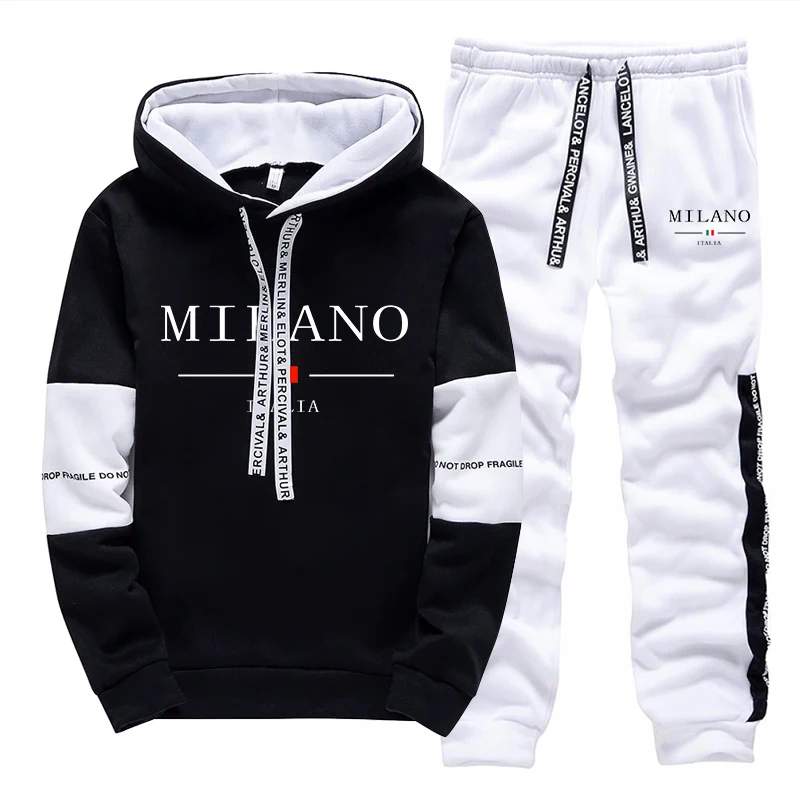 New in Men's Tracksuit Popular City Printing Casual Hooded Sweatshirts 2 Piece Set Daily Black White Clothing Men Jogging Set 2