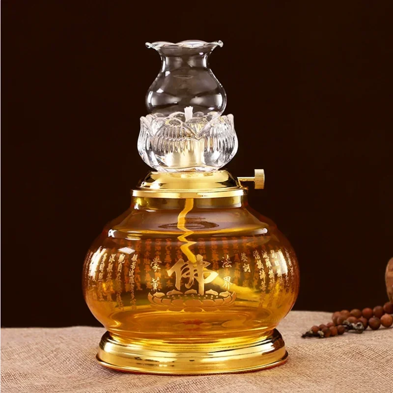 Buddha Offering Lamp, Transparent Glass Lotus Lamp, Buddha Heart Sutra Butter Household Use, Prayer, Tools