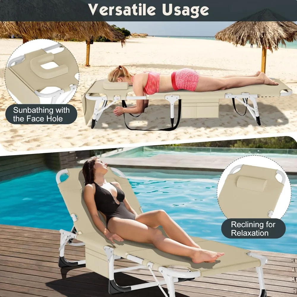 Tanning Lounge Chair 5-Position, Outdoor Sunbathing Chairs Folding Chaise Lounge, Sun Tanning Lounger with Face Hole, Perfect f 5