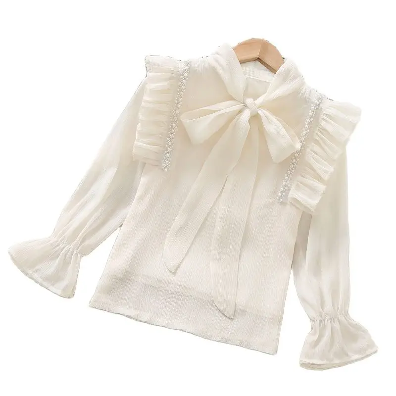 Teenagers School Shirts for Girls Beige Blouses Autumn Kids Costume Children Clothing Long Sleeve Chiffon Tops 8-14 Years