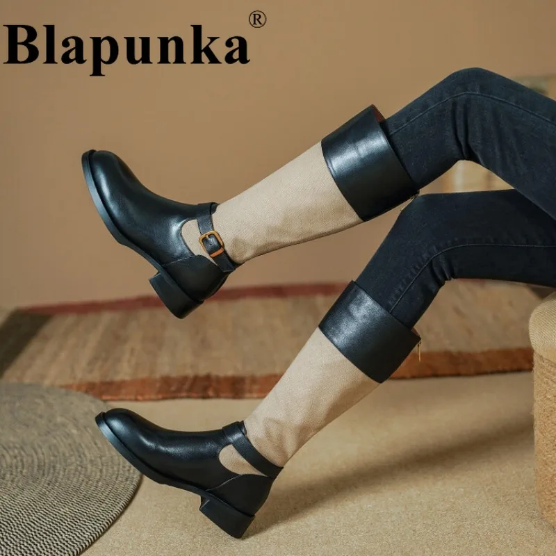 

Женские ботинки из натуральной кожи Blapunka, черные ботинки на среднем каблуке, на молнии, с пряжкой и круглым носком, разноцветные ботинки в стиле пэчворк на зиму 2019