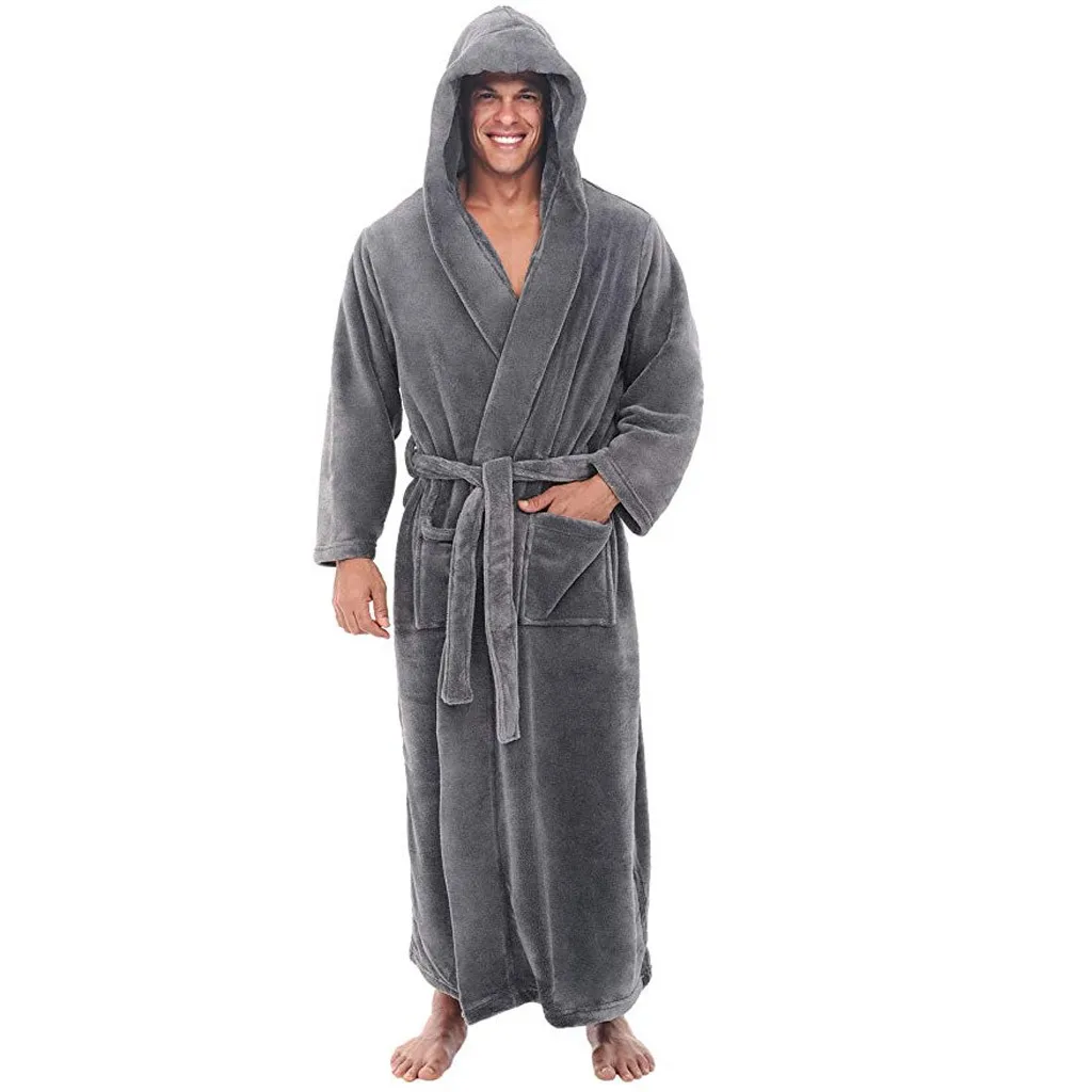 

Men'S Warm And Thick Hooded Nightgown In Winter Men'S Winter Plush Lengthened Shawl Bathrobe Home Clothes Long Sleeved Robe Coat