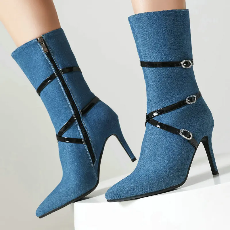 

Denim Jeans Blue Cross-strap Buckle Belt Luxury Brand Women Designer Pointed Toe Thin High Heels Mid-calf Slim Stiletto Boots