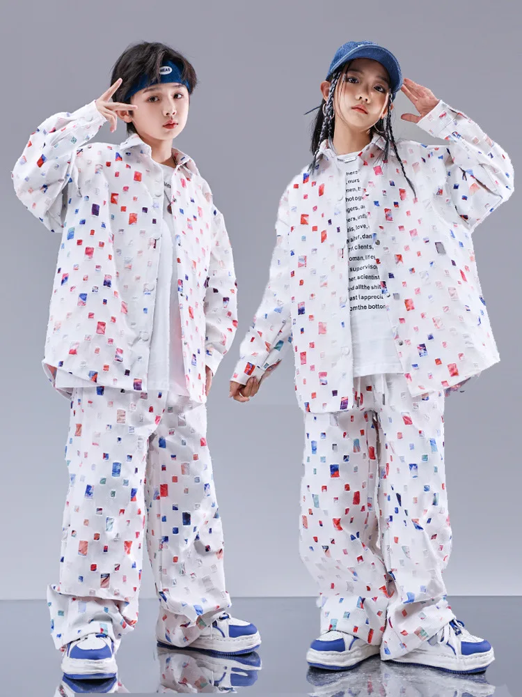 Kids Kpop Hip Hop Clothing Starry Sky Print with Hole Suit Streetwear Top Cargo Pants for Girls Boys Jazz Dance Costume Clothes