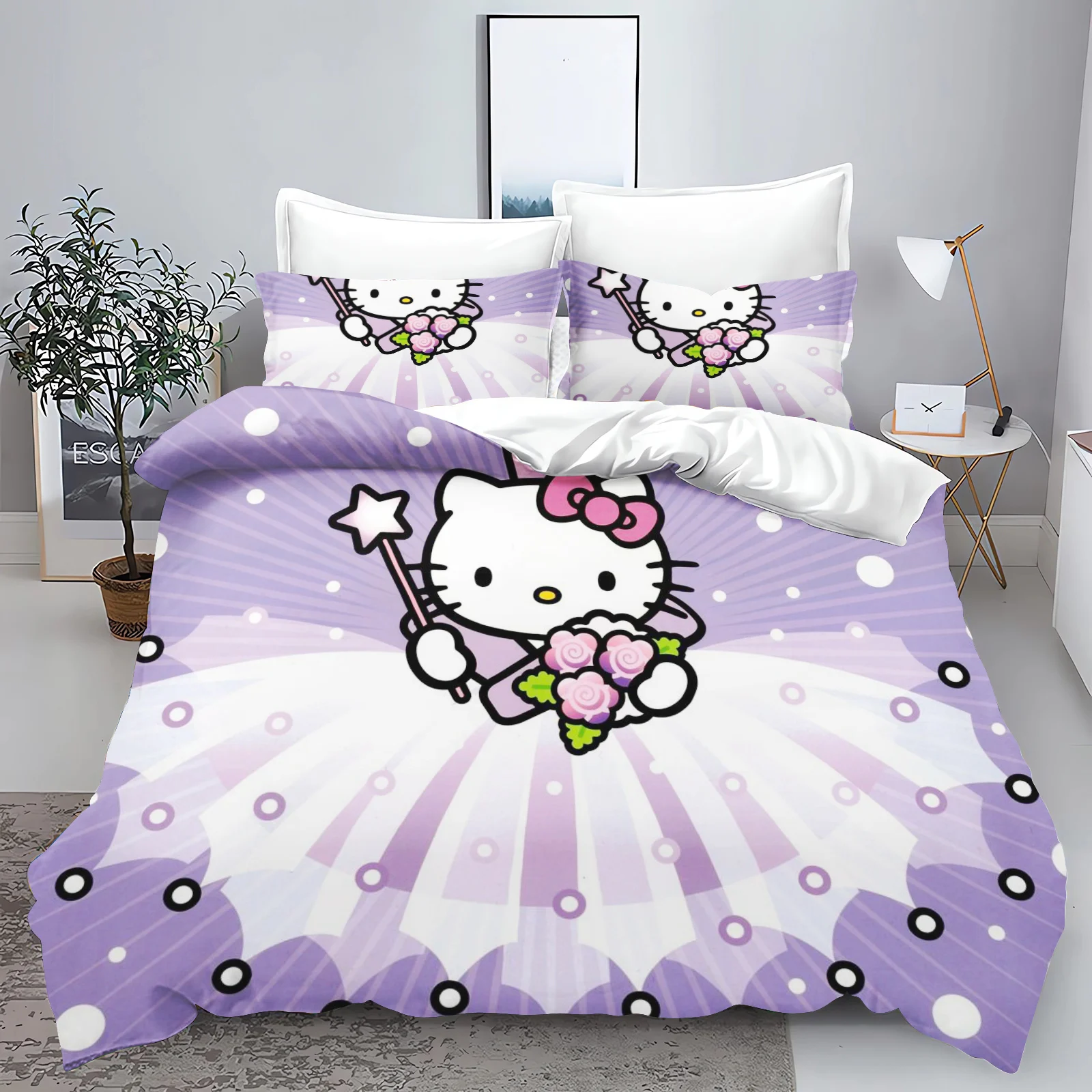 Housse De Couette Hello Kitty 220x240cm + 2 Taies - 100% Coton Doux, Design Noeuds Rouges