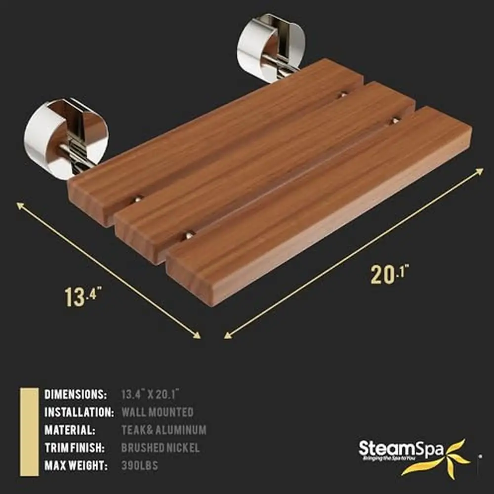 Teak Wood Wall Mounted Folding Shower Seat Non-Slip Brushed Nickel SSP-D-7 Rust-Resistant Aluminum 390lb Capacity ADA Compliant 6