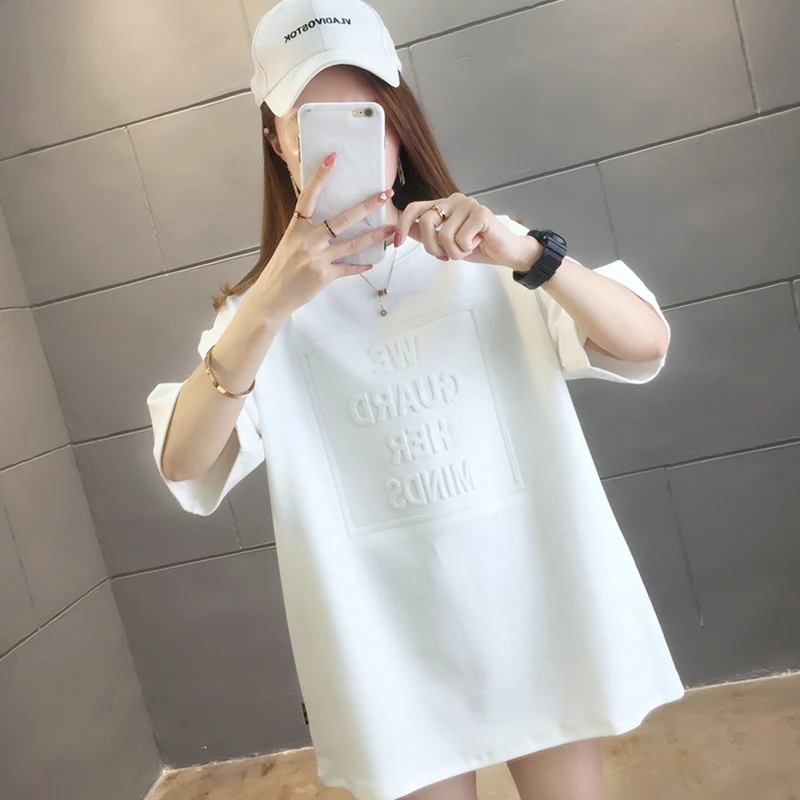 

Белая футболка с коротким рукавом, женский летний Свободный Топ средней длины с трехмерными буквами, 1 шт.