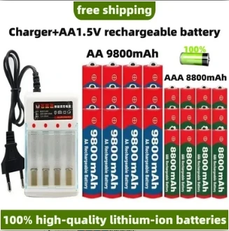 

2024 New 1.5V AA 9800mAh+1.5V AAA 8800mAh Lithium ion Rechargeable Battery 1.5V Clock Toy Camera Battery+Free Shipping