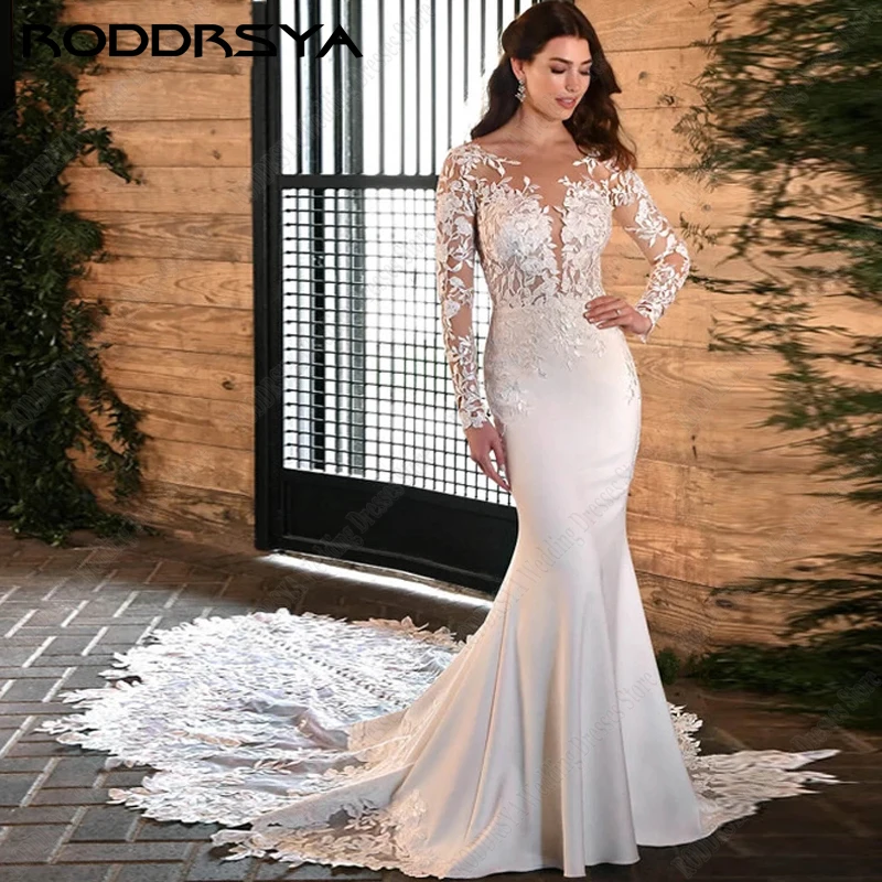 

O-Neck Appliques Mermaid Wedding Dresses For Bridal Long Sleeves Soft Satin Lace Court Train Vestidos De Noiva Mariage