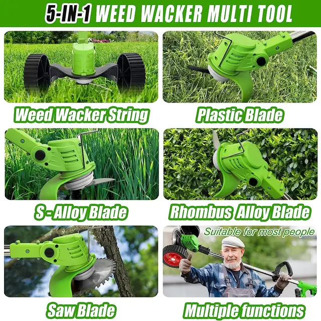 6-in-1 Cordless Weed Wacker - Battery Powered With 2 Batteries, Wheels, 5 Blade Types, Grass Trimmer & Edger