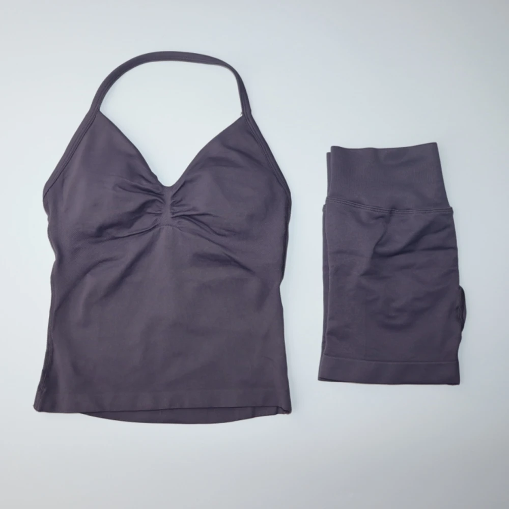 Impact Gym Set 2pcs Longline Strappy Top Workout Vest Scrunch Shorts Sports Halter Suit Fitness Clothes Seamless Yoga Outfit Set