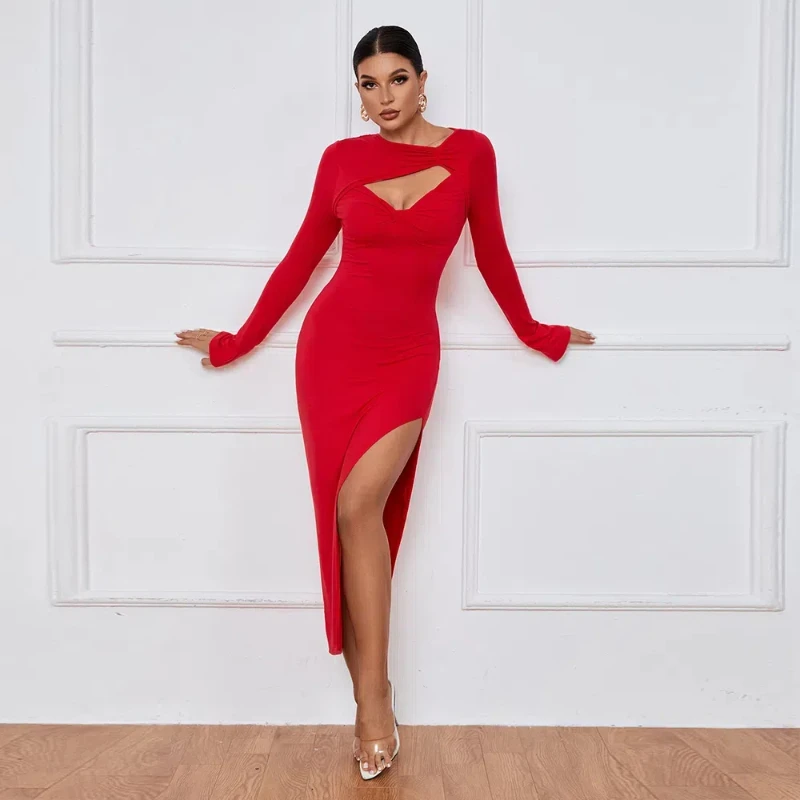 Autumn New Style Chest Hollow Out Twisted Slim Long Sleeved Dress Sexy High Slit Temperament Dress for Women 54