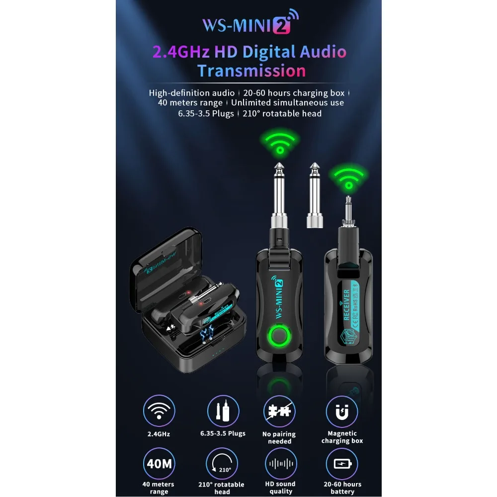 2.4GHz Mini Wireless Guitar System Rechargeable Audio Transmitter Receiver for Bass Electric Instruments