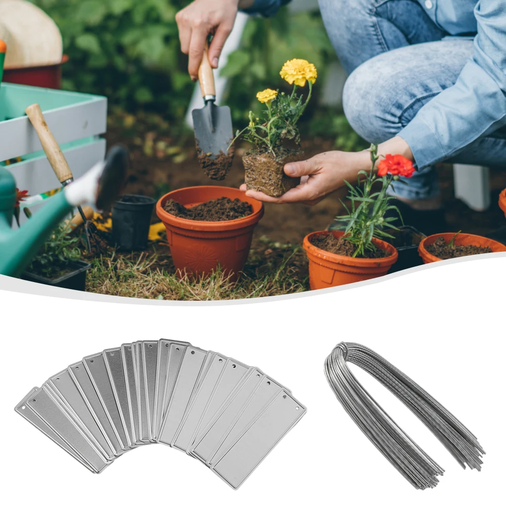 50 Stück Aluminium-Pflanzenetiketten, doppelseitige Metalletiketten, Baum-ID-Tag, wasserdichter Eisendraht, Gartenbedarf, Pflanzenmarkierungen, Etiketten – Detail 2