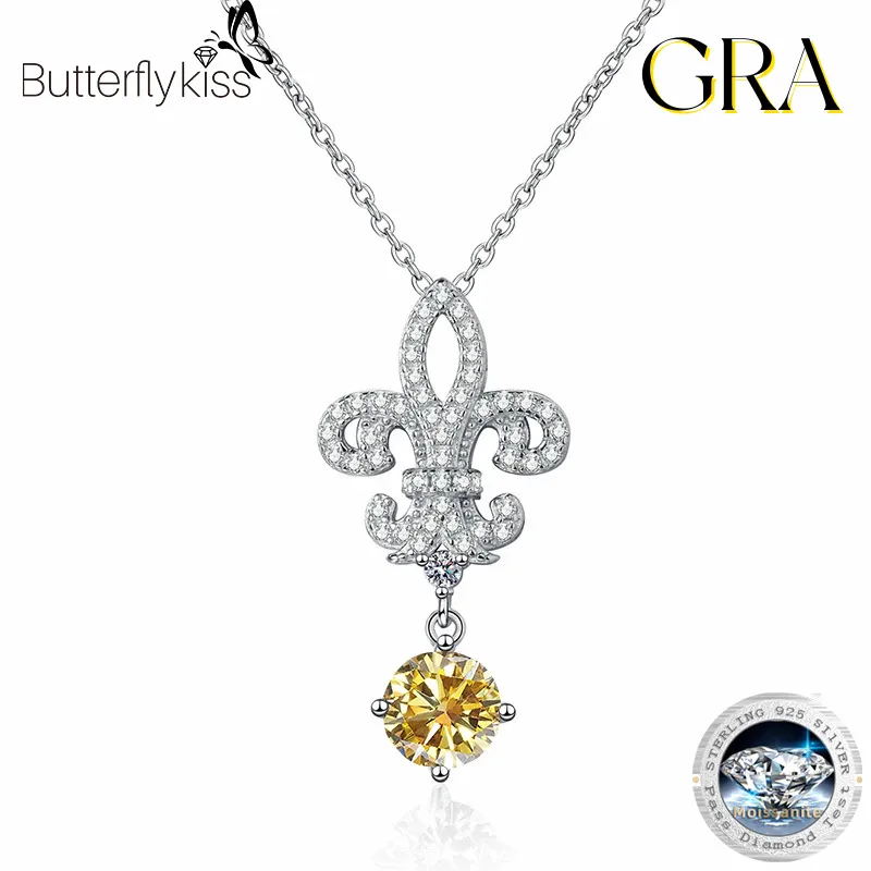 

Butterflykiss 1CT Moissanite Crown Queen Iris Flower Pendant Necklace For Women 925 Sterling Silver Luxury Bling Wedding Jewelry