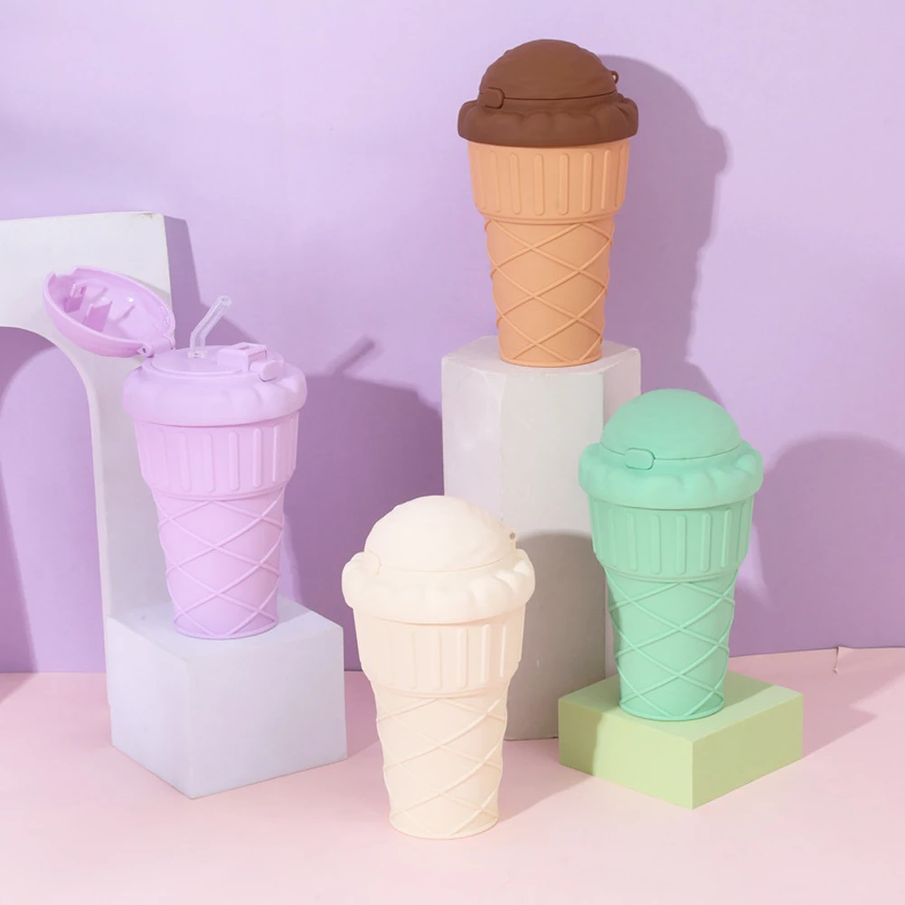 Kawaii Ice Cream Shape Drinking Water Bottle with Straw Kids Plastic Travel Juice Milk Cup Portable Shaker Drink Bottle 500ML