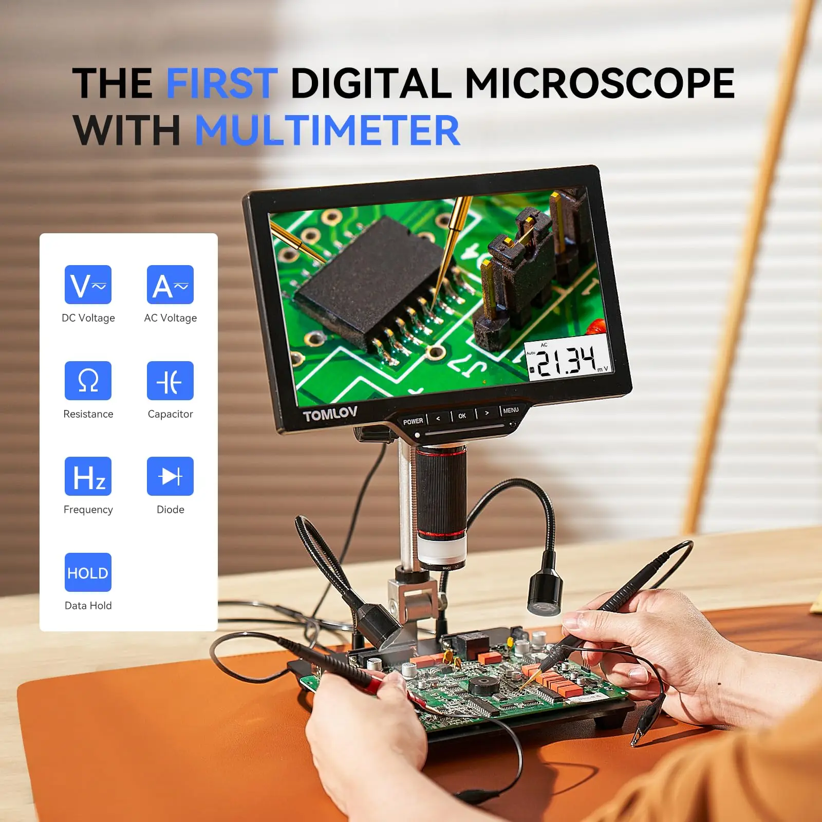 TOMLOV HDMI 디지털 현미경, 멀티미터 포함, 10.1 인치 납땜 USB 현미경, 전자 PCB 검사 수리용, DM202M