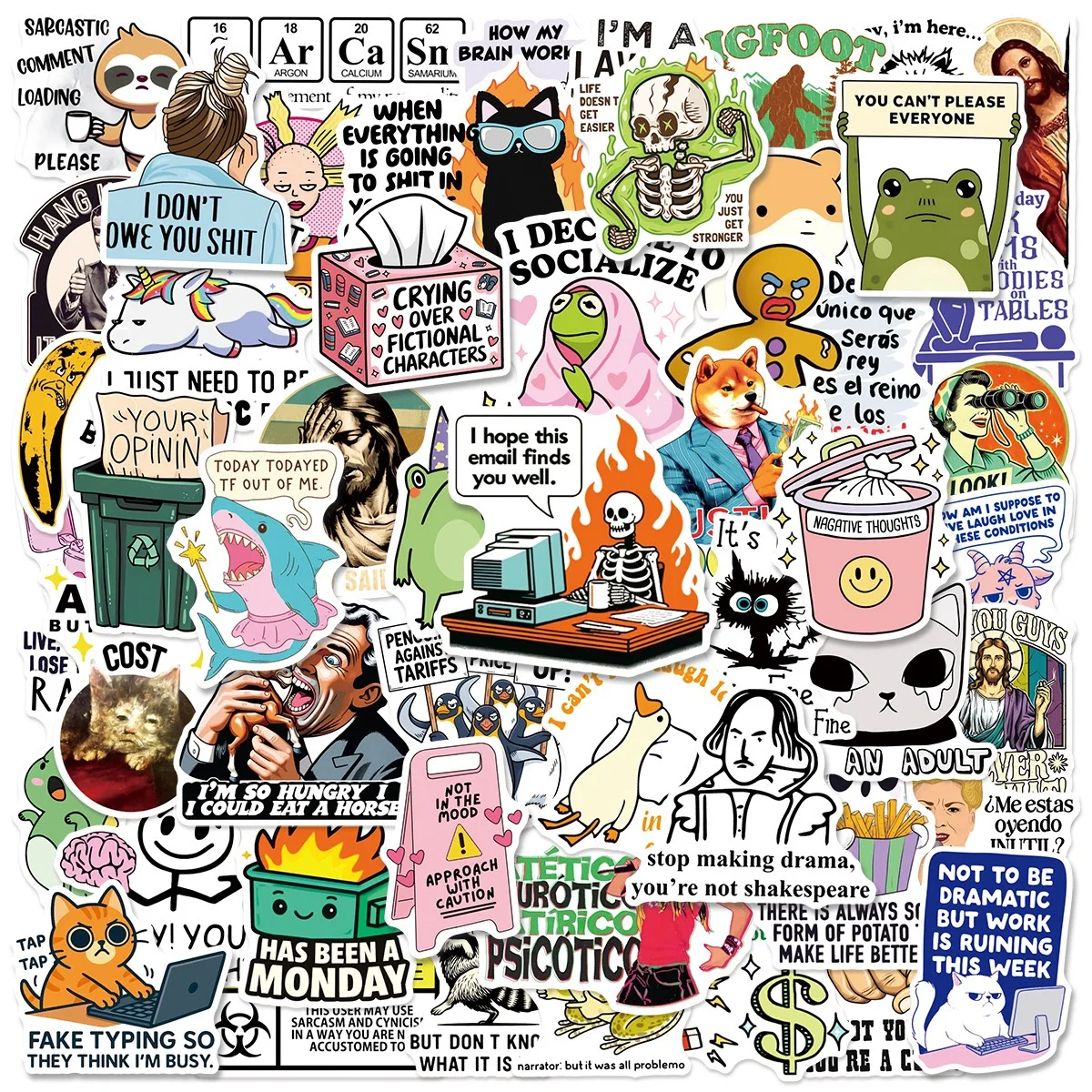 50 Stück Lustige Sarkastische Meme-Aufkleber Cartoon-Sticker Dekoration DIY Notizbuch Kühlschrank Handy Fahrrad Laptop Gitarre Graffiti-Aufkleber