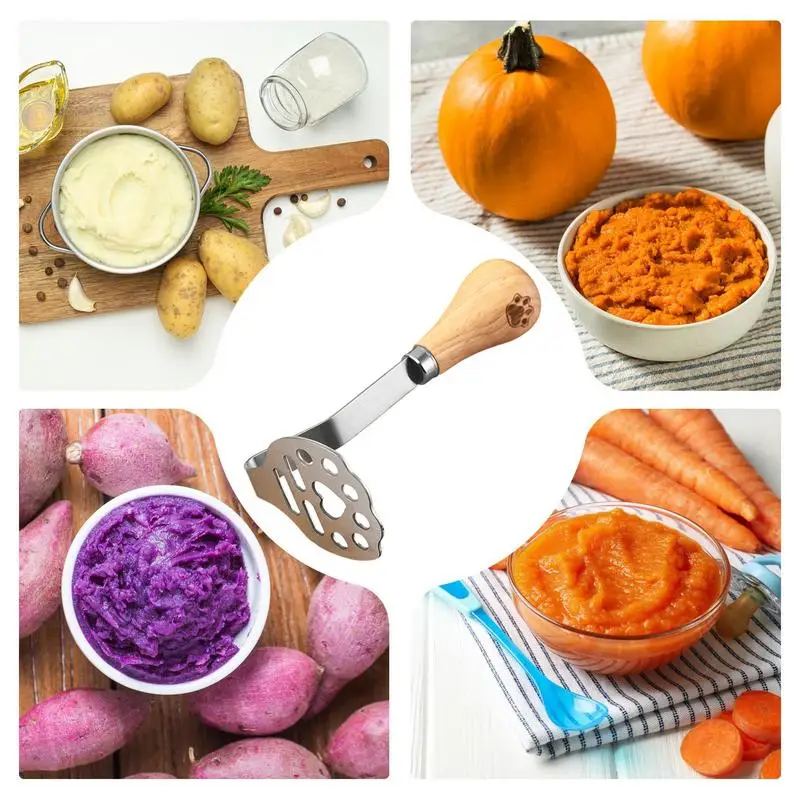 Stainless Steel Food Masher Manual Heavy-Duty Mashing Utensil Claw Pattern Potato Masher wooden handle Kitchen Accessories