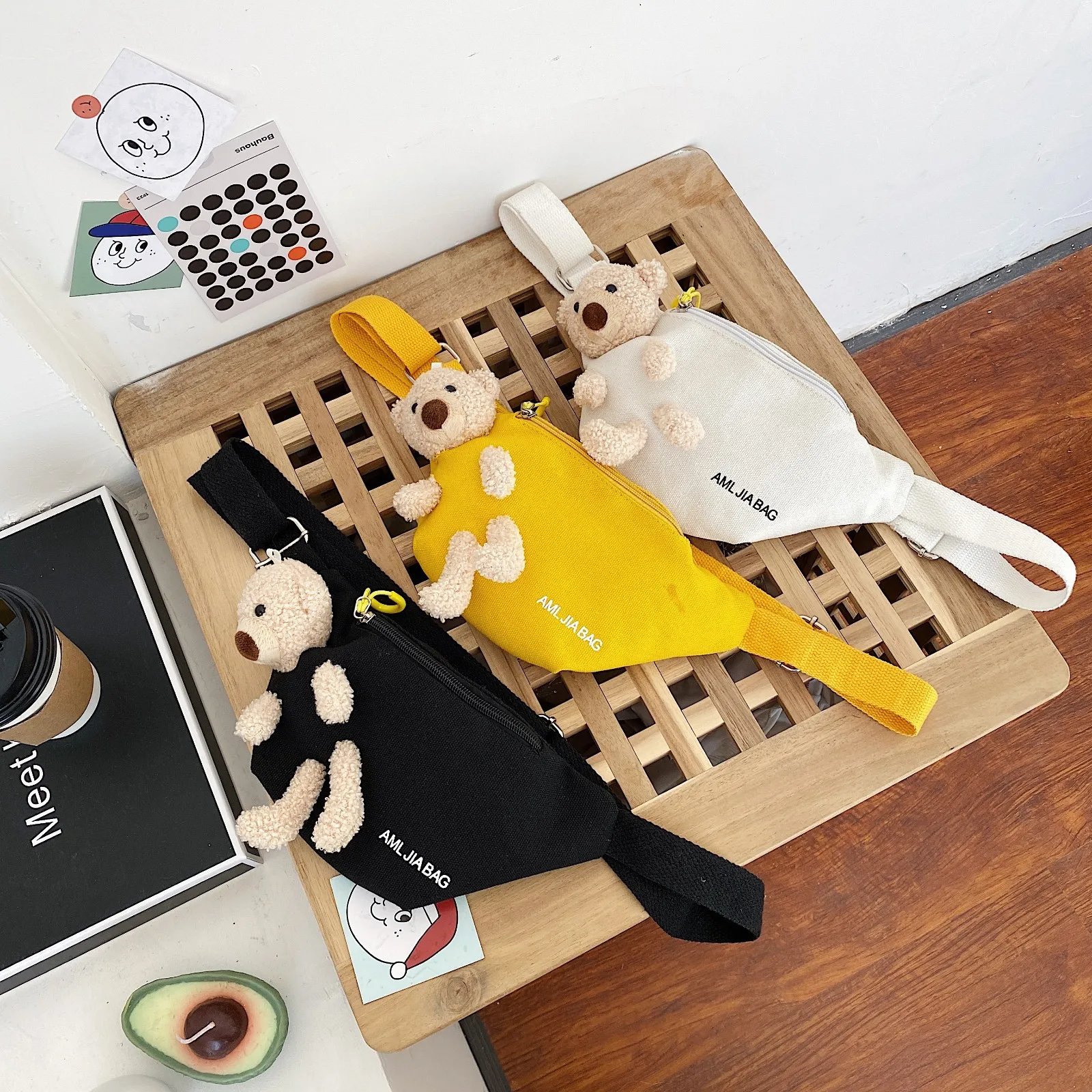 Cute Children Kids Bear Doll Canvas Waist Backpack Bags Large Capacity Crossbody Belt Backpack Banana Hip Money Pouch Chest Bags