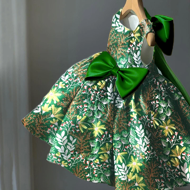 Vestido de cetim com brocado de jardim verde para meninas, vestido